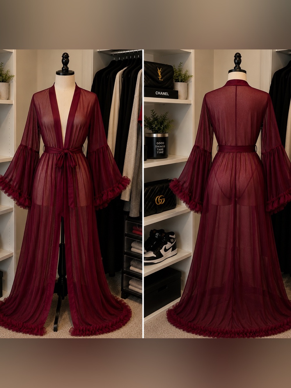 Burgundy Sheer Mesh Floor Length Robe-Ruffle Bell Sleeve Tie Waist Lingerie